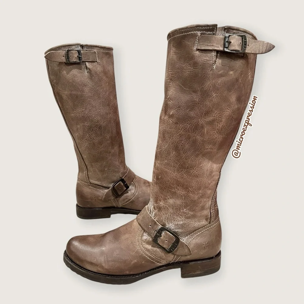 $399 Frye Veronica Slouch Tan Brown Tan Leather Engineer Moto Tall Buckle Boot